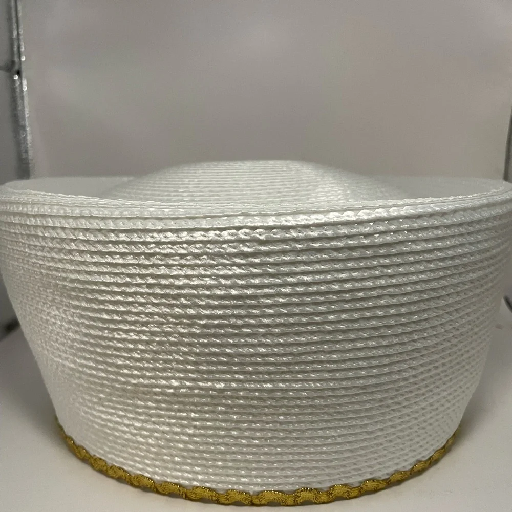 Hat Women's White Pillbox gold trim Large Mesh Bow church hat